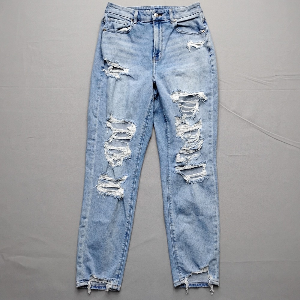 American Eagle Curvy‎ Mom Jeans Light Wash Distressed Ripped Denim Womens Size 6